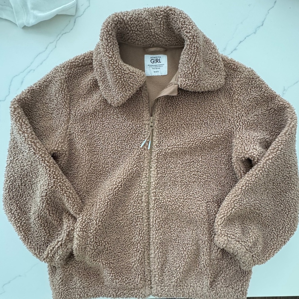 Athleta Girl Teddy Fleece Jacket in Woods Khaki Brown Zip Front Medium 8-10